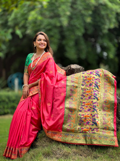 Pink color paithani silk saree with blouse images