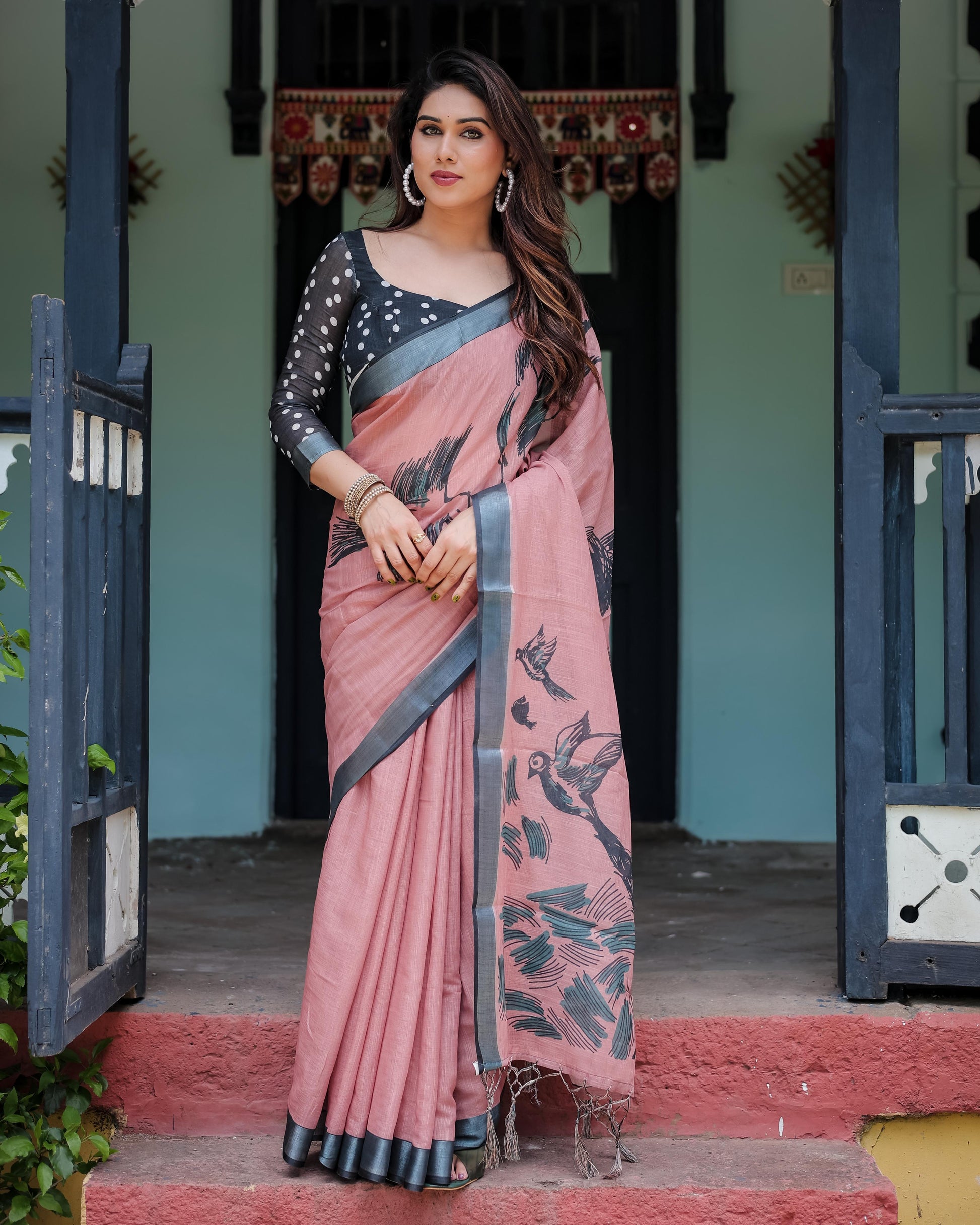 Pink color linen printed saree for women