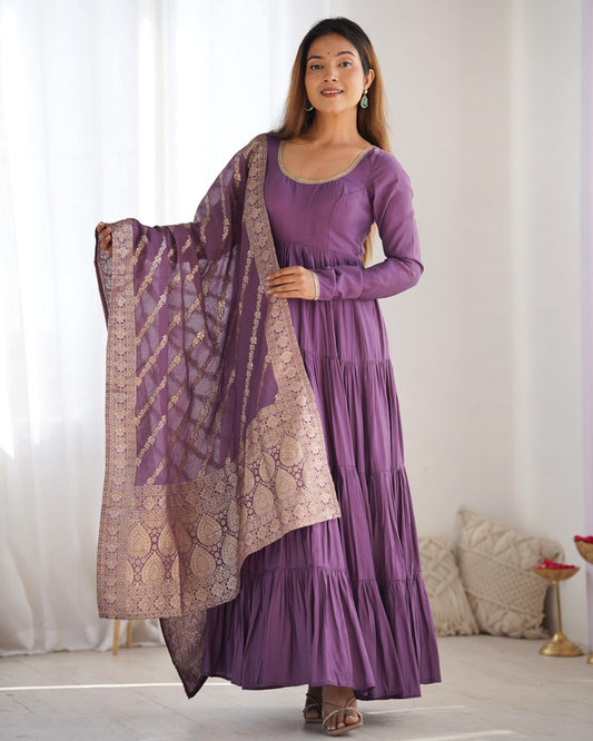 Mauve Purple color roman silk chanderi long gown