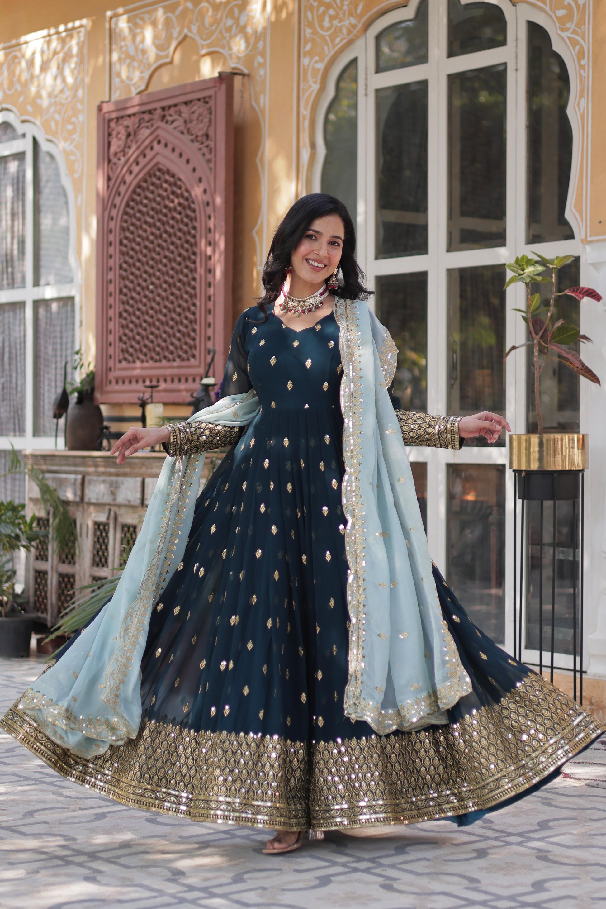 Teal green faux blooming gown images
