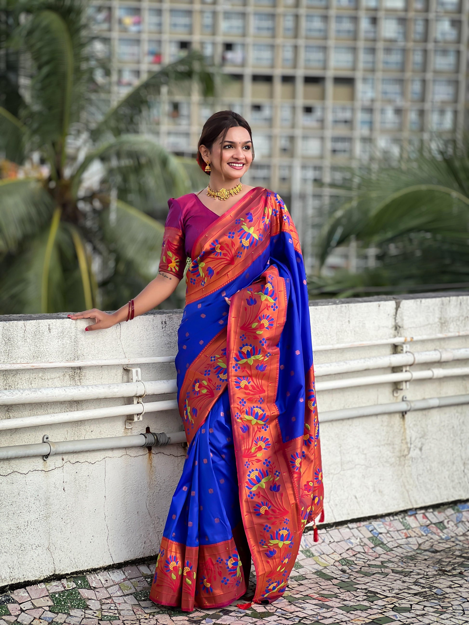 Blue color soft silk saree with blouse online