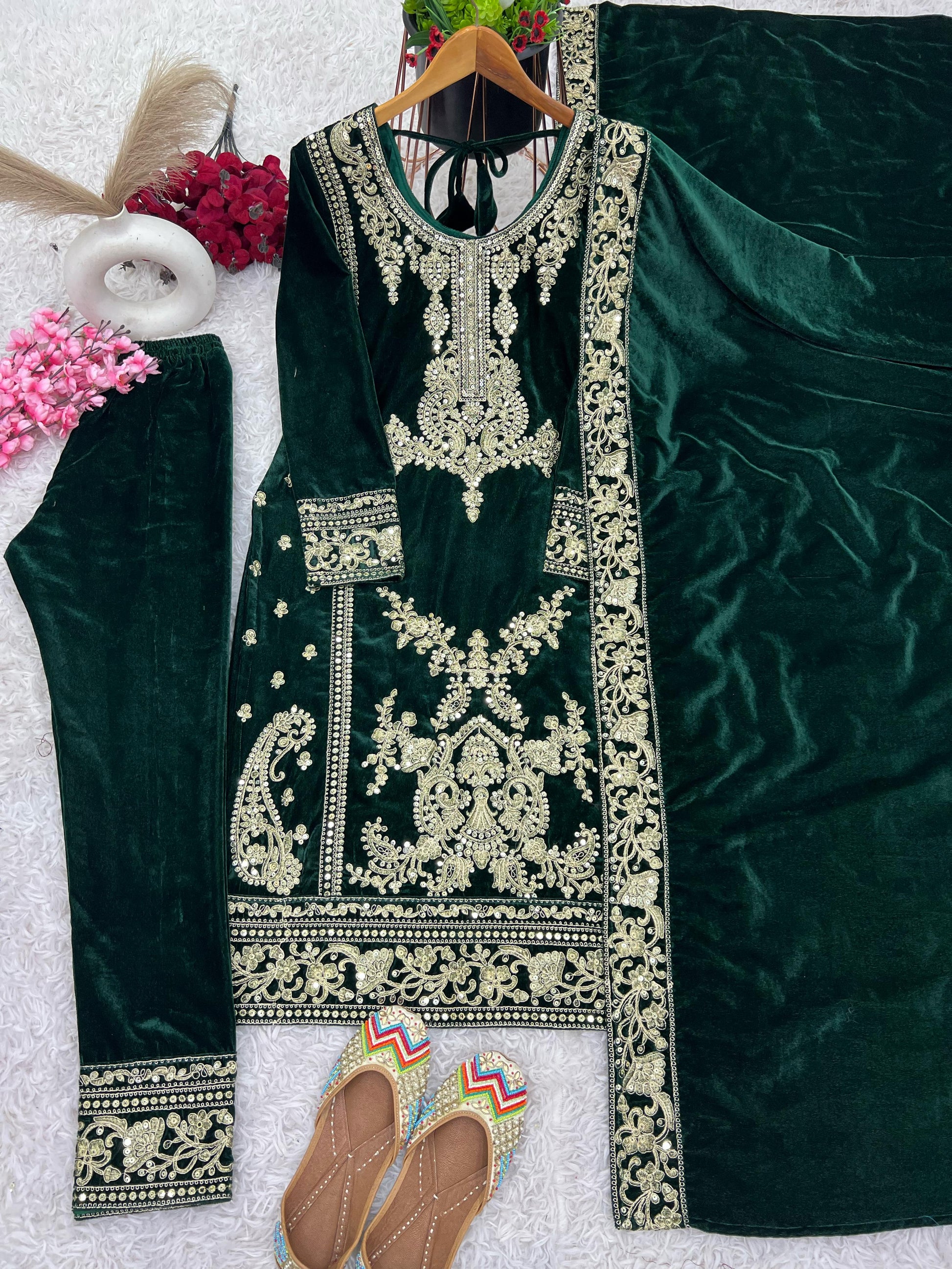 Green color viscose velvet salwar kameez with dupatta images