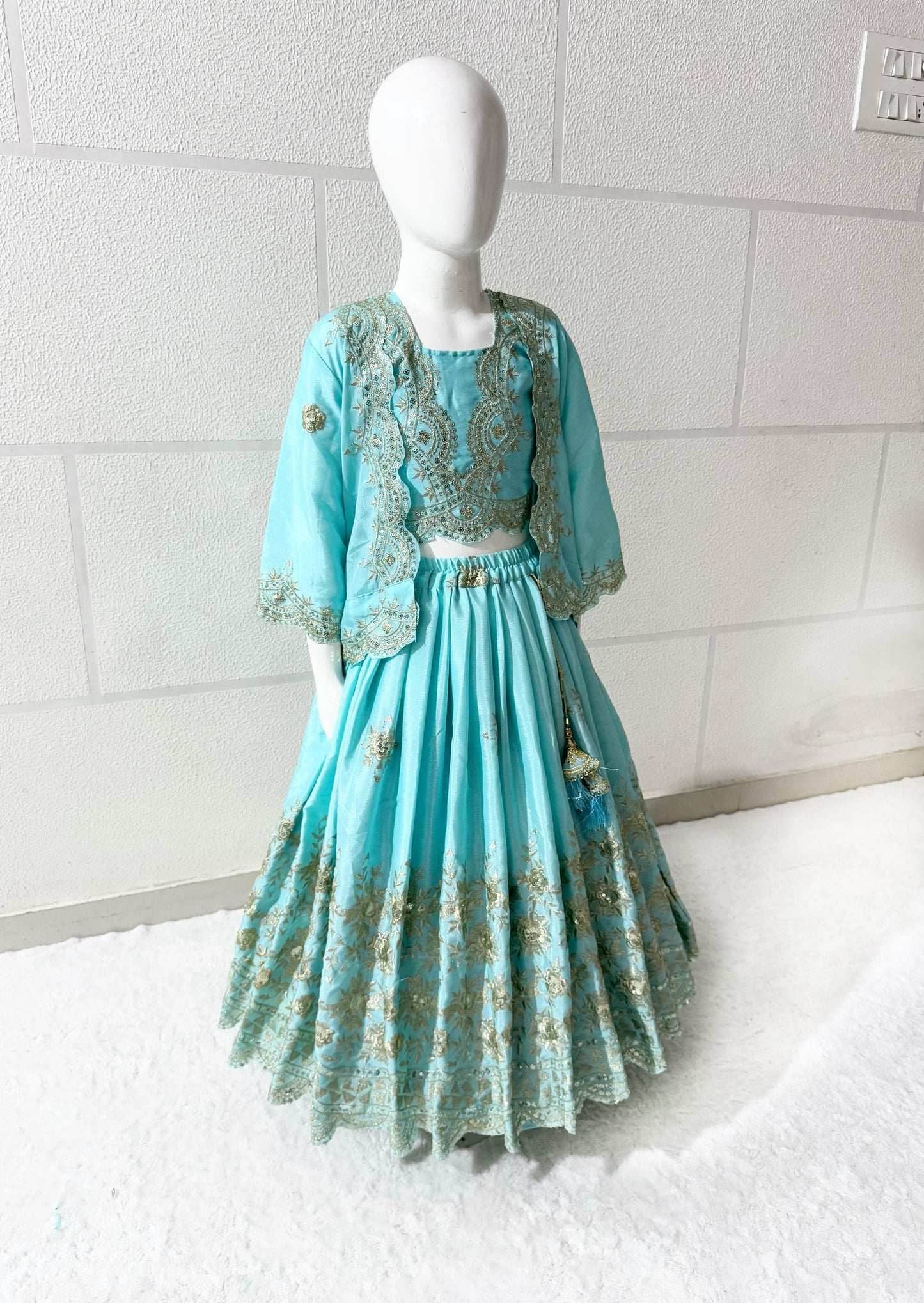 Sky color chinon silk lehenga choli with koti price