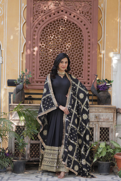 Black color georgette sequins work long gown for wedding