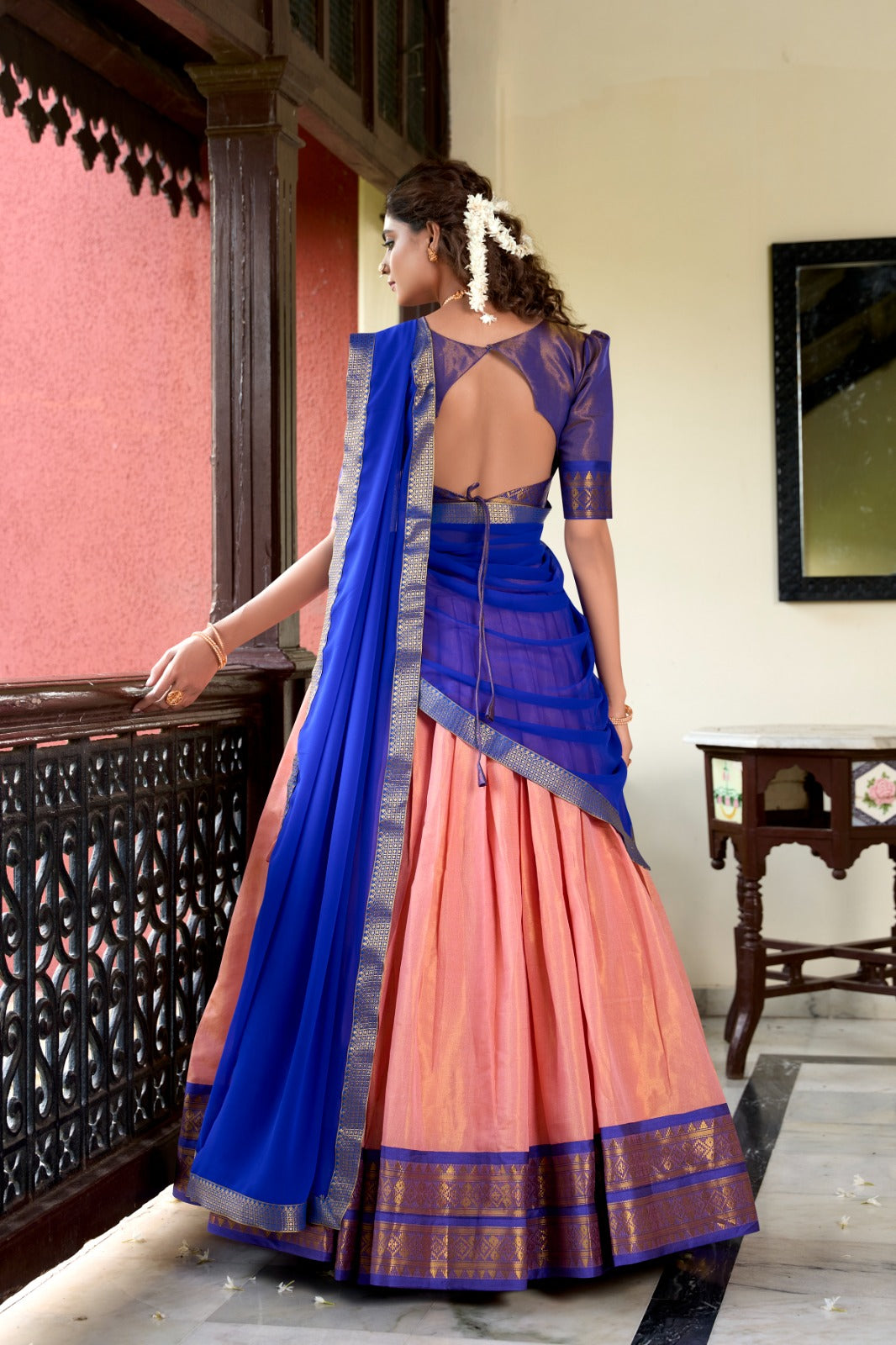 Peach color kanchipuram lehenga choli for wedding 