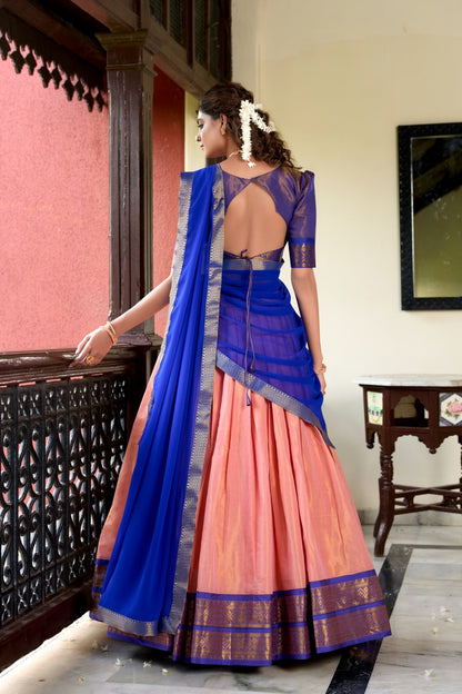 Peach color kanchipuram lehenga choli for wedding 