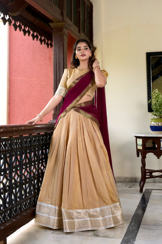 Beige color kanchipuram lehenga choli for women online shopping
