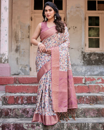 Rose pink color banarasi silk saree for women