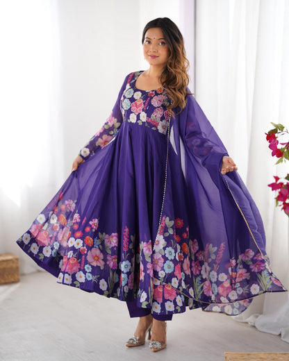 Purple color organza silk salwar suit with dupatta online