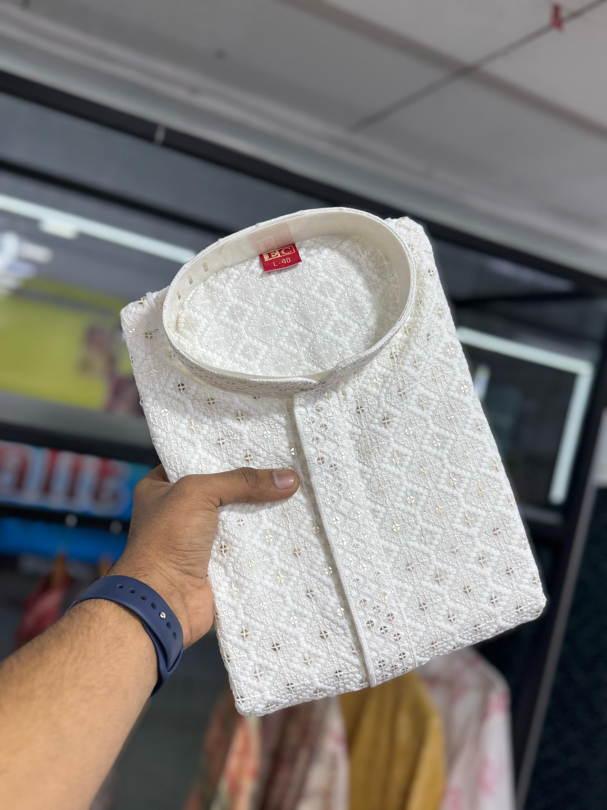 White color lucknowi work mens kurta online shopping