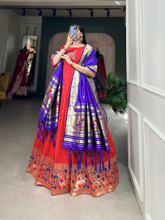 Red color jacquard silk long gown for women