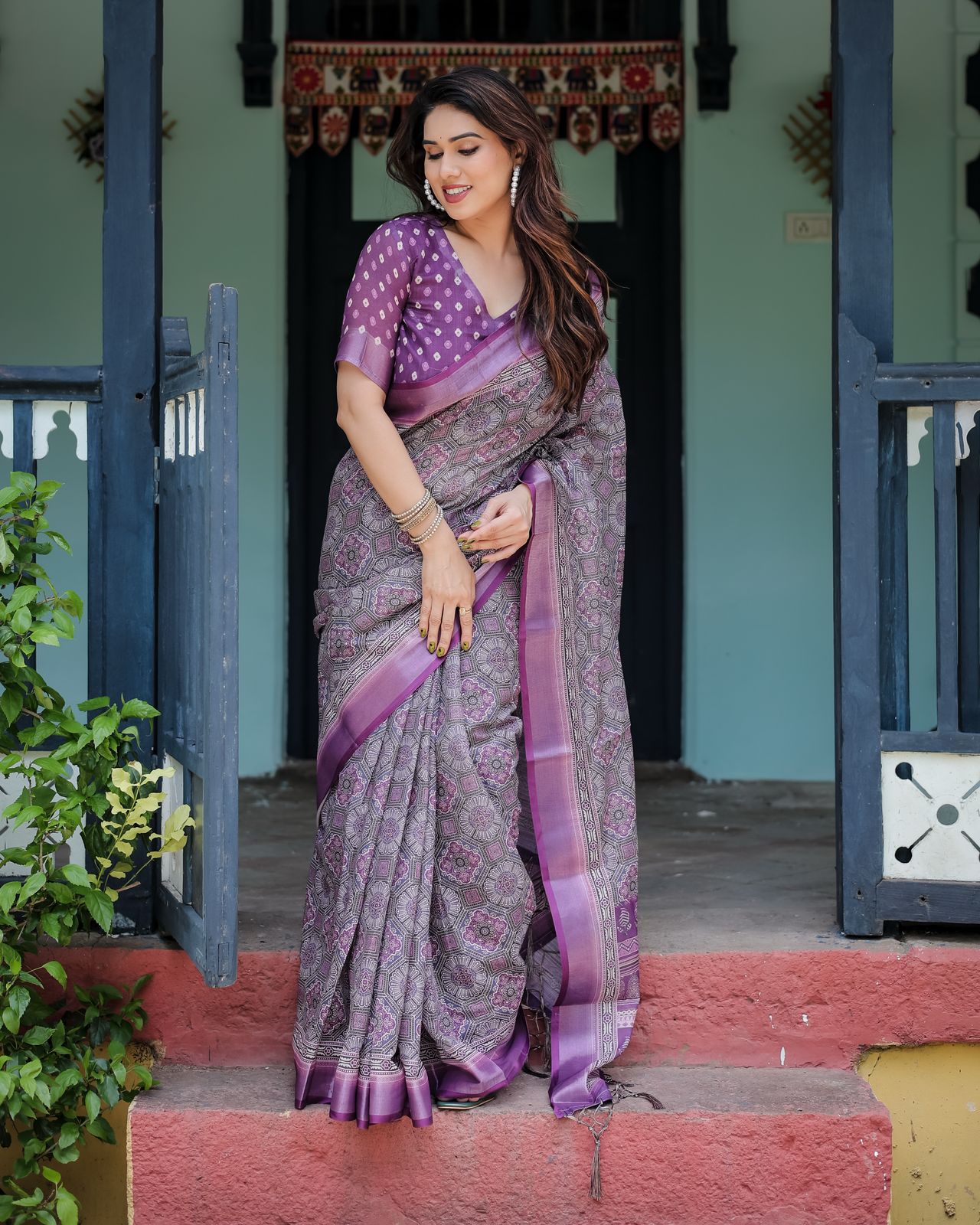 Purple color linen printed saree for women
