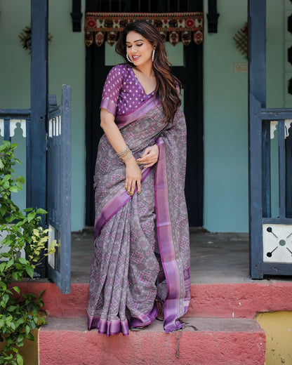 Purple color linen printed saree for women