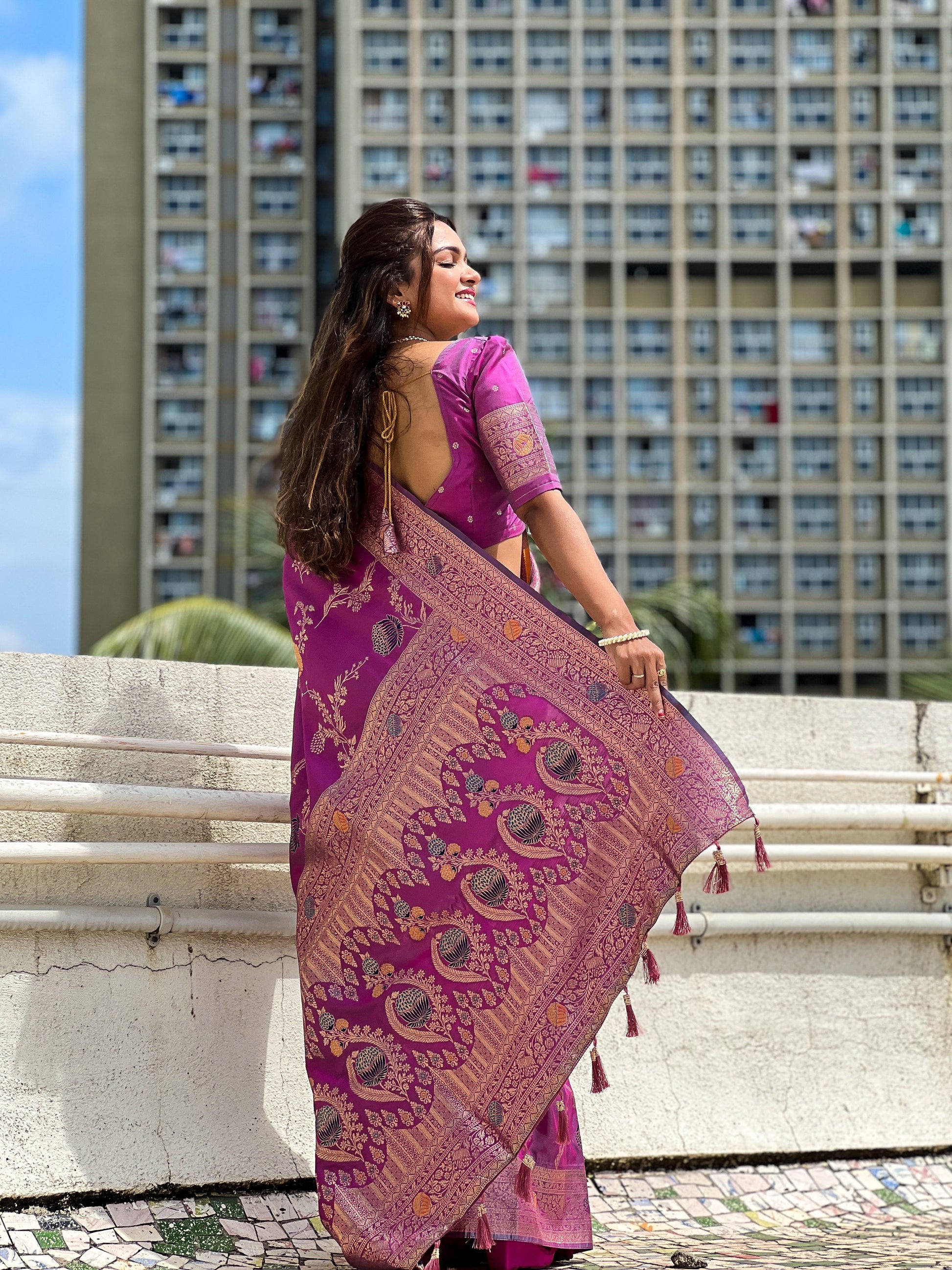 Pink color banarasi silk saree with blouse design