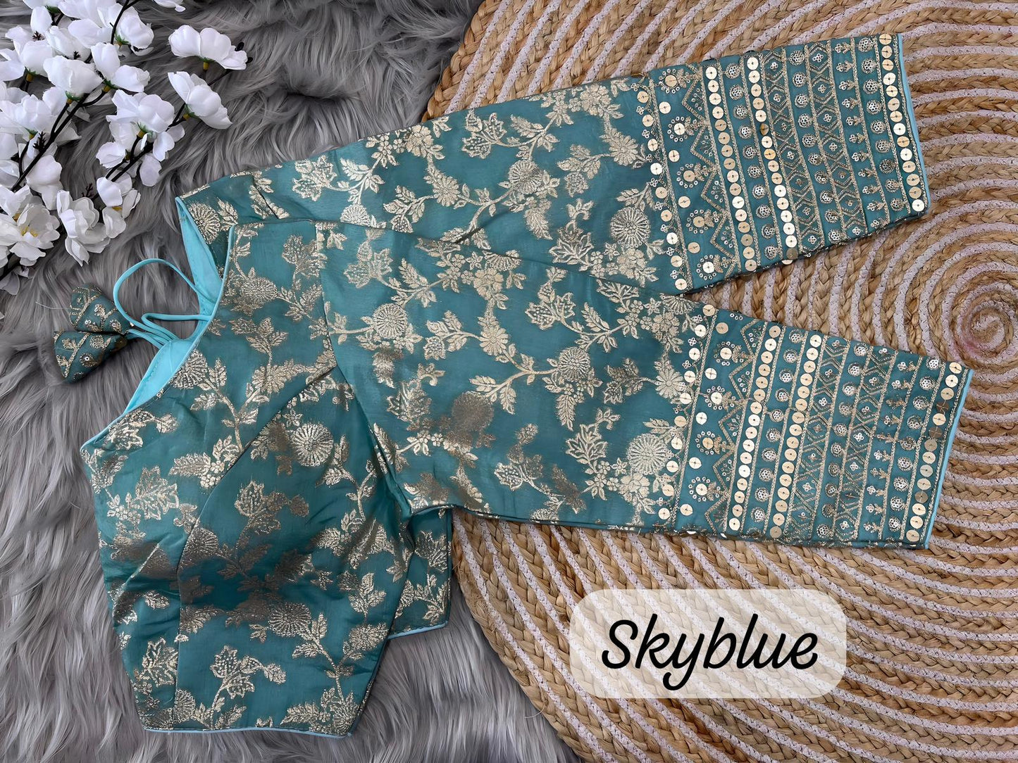 Sky Blue dola silk blouse design For Sari