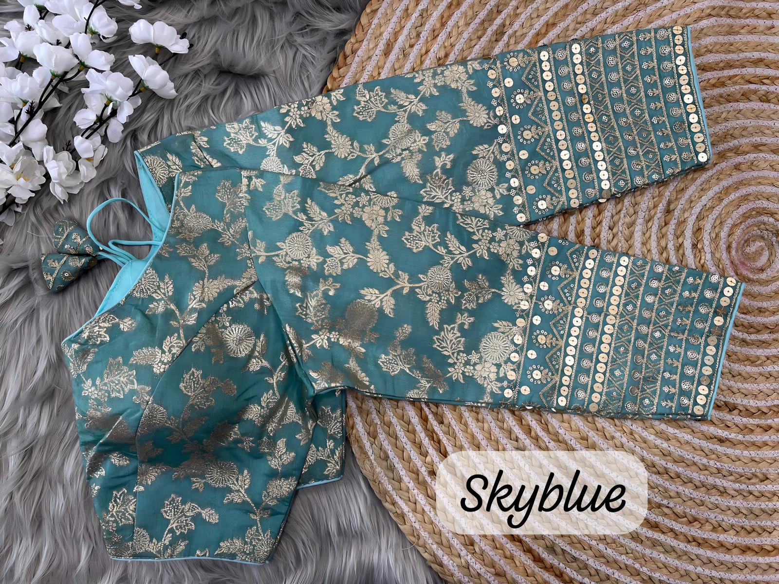 Sky Blue dola silk blouse design For Sari