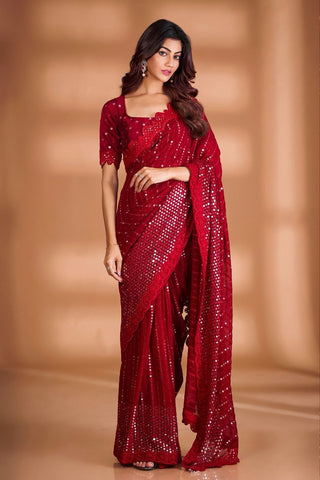 Red Georgette Sequins Saree For Women