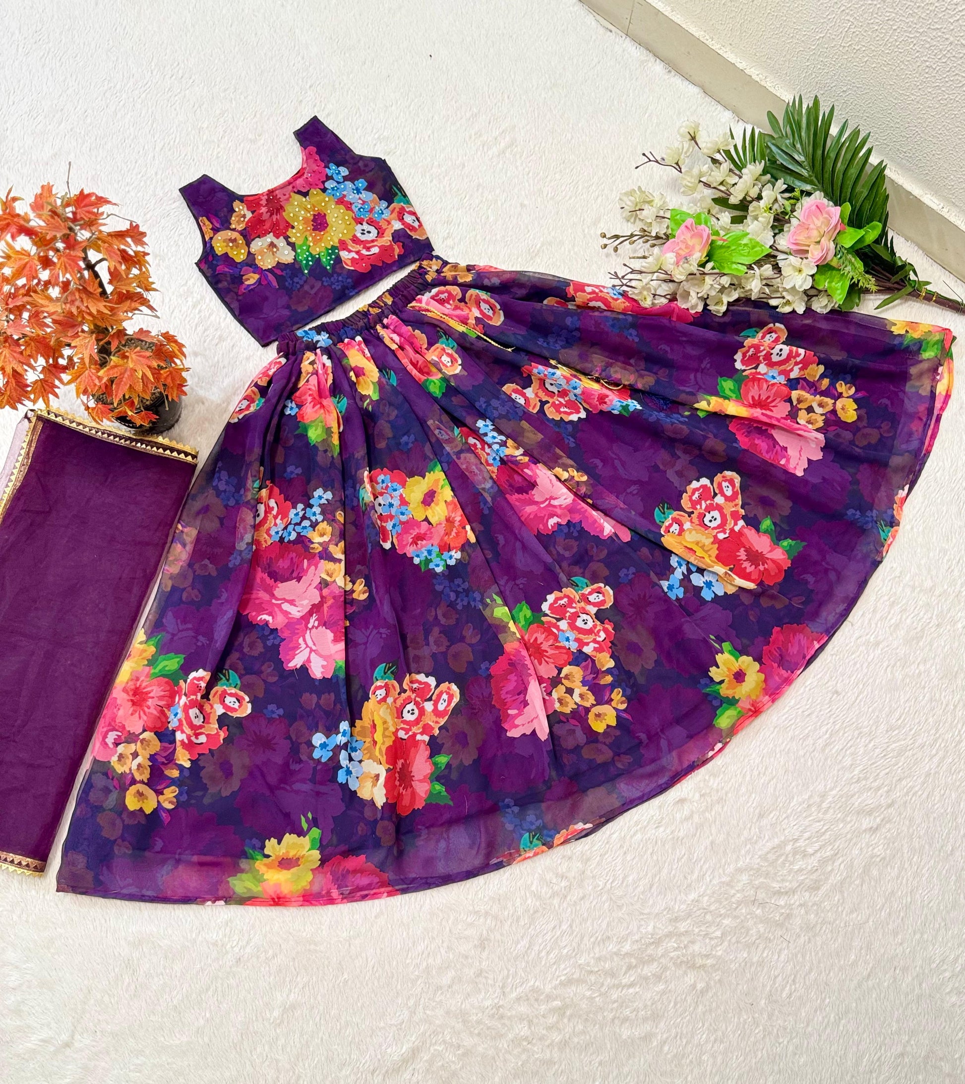 Purple color georgette lehenga with top for small girls 
