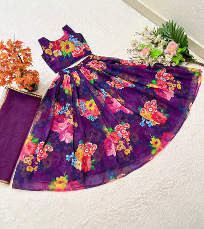 Purple color georgette lehenga with top for small girls 
