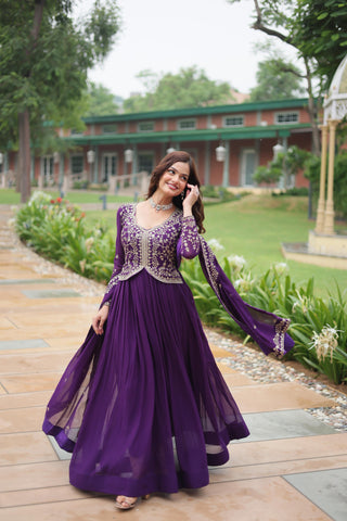 Long purple georgette gown for women
