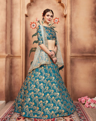 art silk rama green lehenga reception