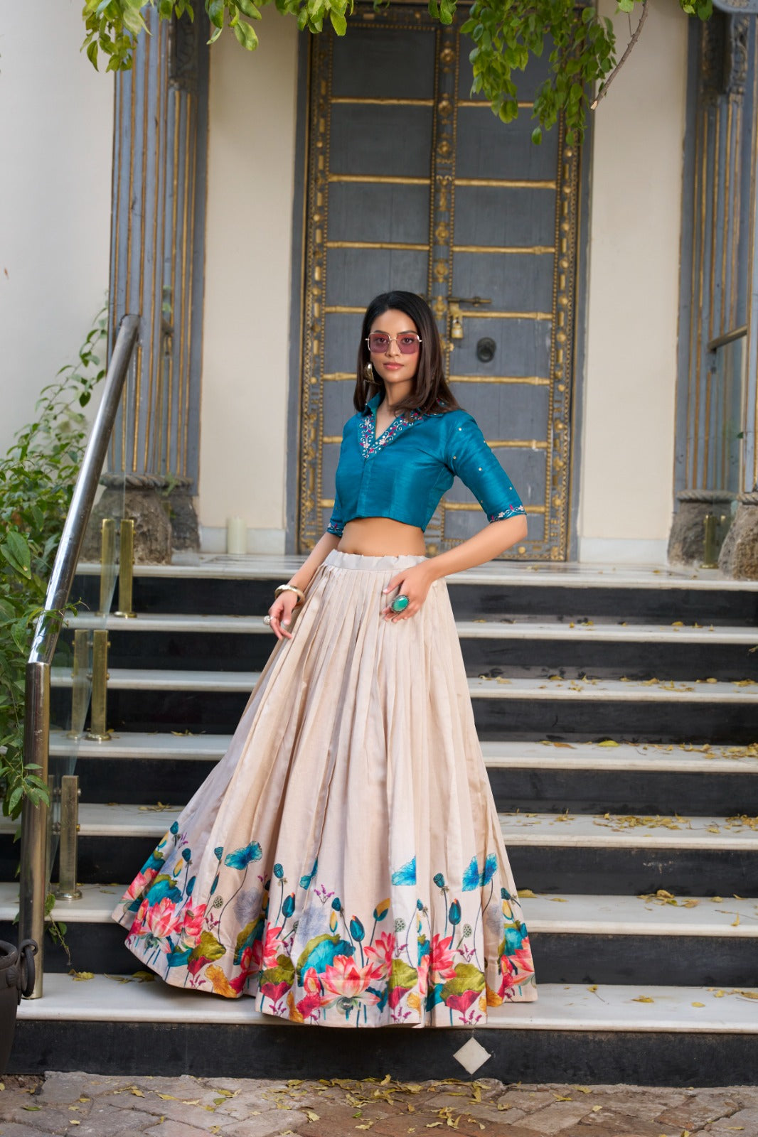 Off white color tussar silk lehenga with blouse price