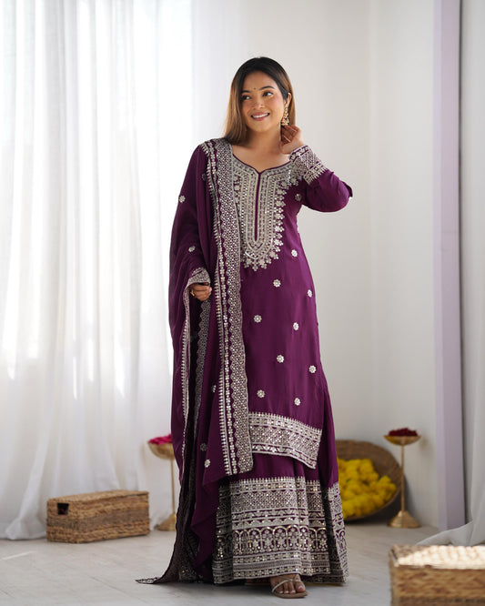 Purple color chinon silk sharara suit for women