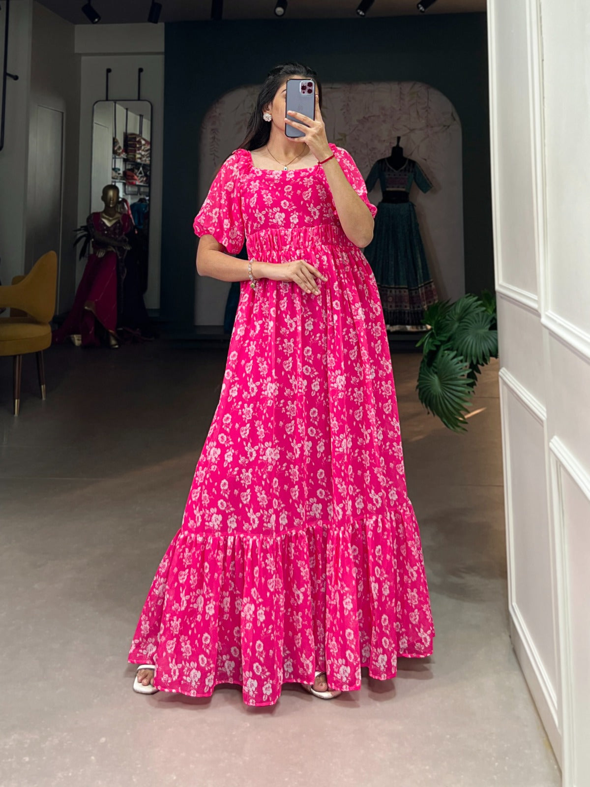 Pink color georgette printed long top gown 