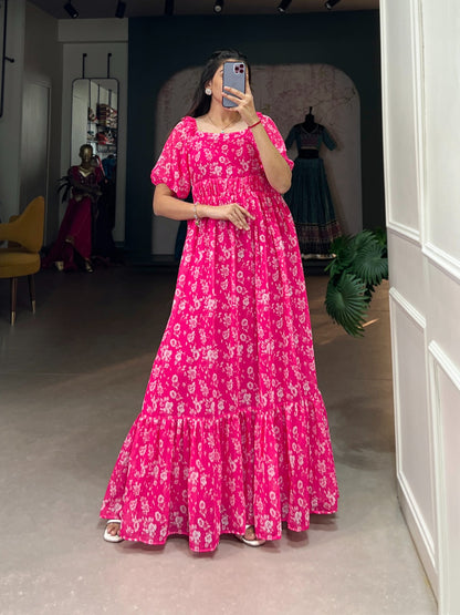 Pink color georgette printed long top gown 