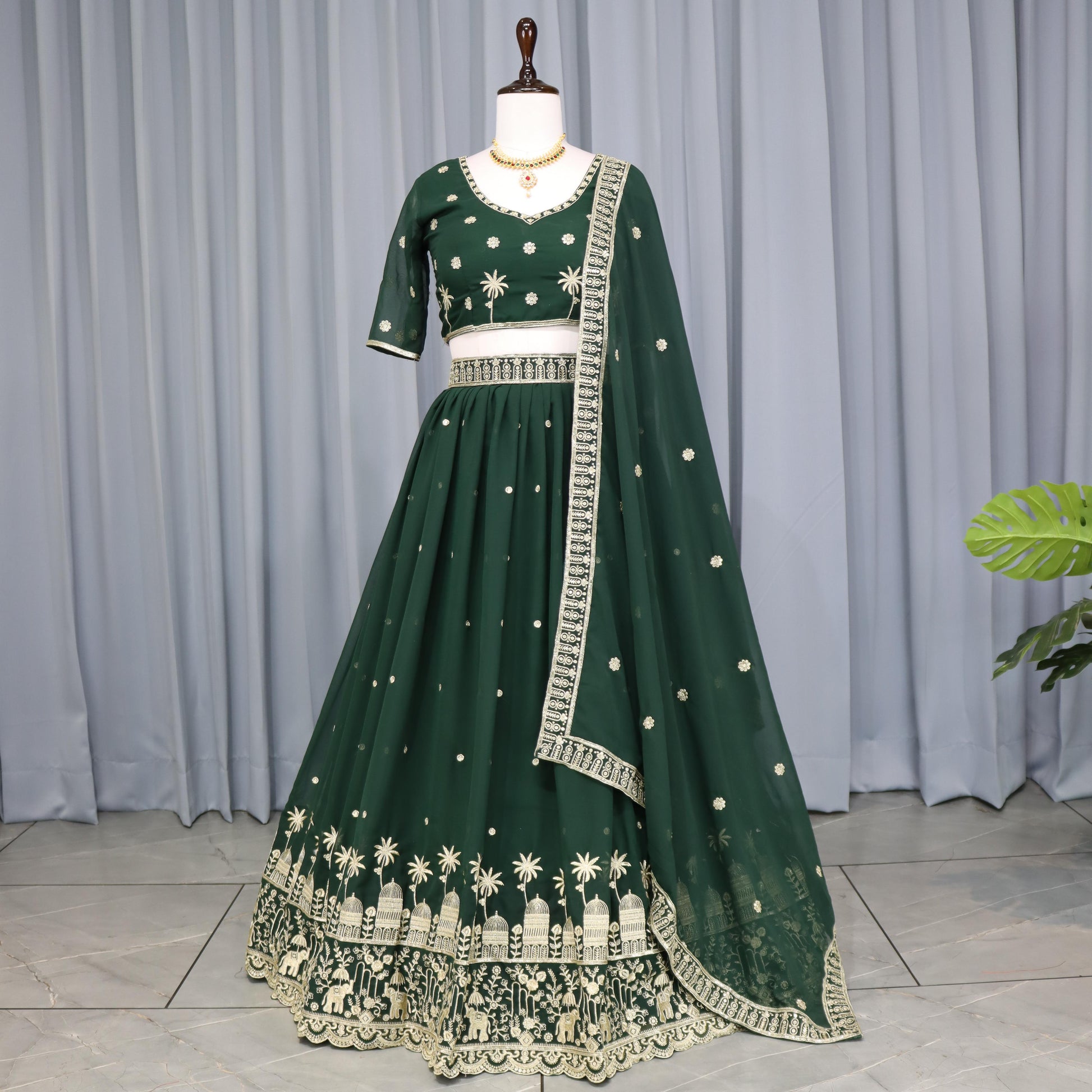 Dark green color georgette lehenga choli for women

