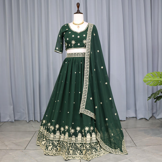Dark green color georgette lehenga choli for women

