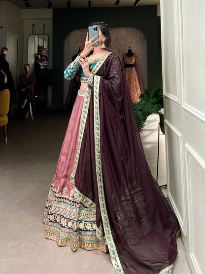 Peach color moonga silk lehenga choli with dupatta online