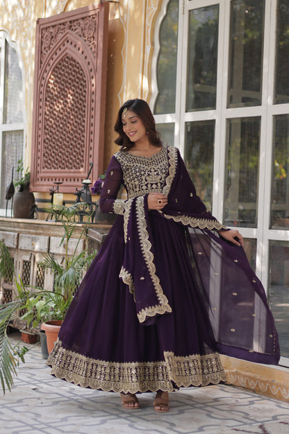 Purple color faux blooming weaving long gown for wedding 
