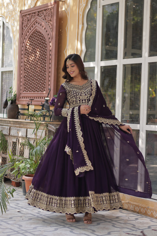 Purple color faux blooming weaving long gown for wedding 
