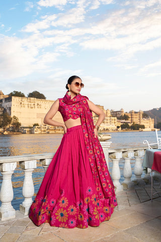 Pink color tussar silk printed lehenga choli online