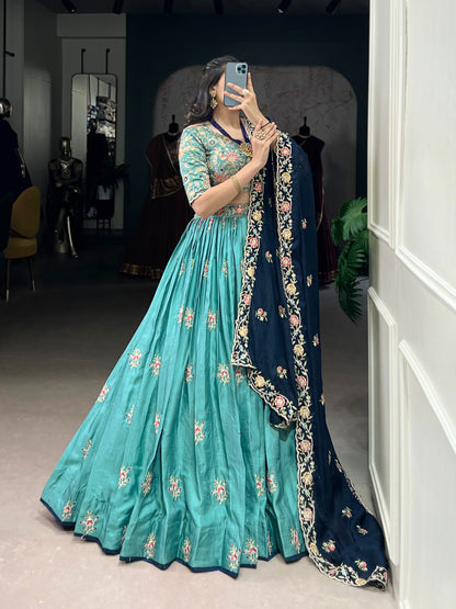 Sea blue color silk lehenga USA