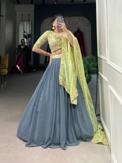 Presenting Grey Georgette Lehenga Choli For Wedding Guest Wear