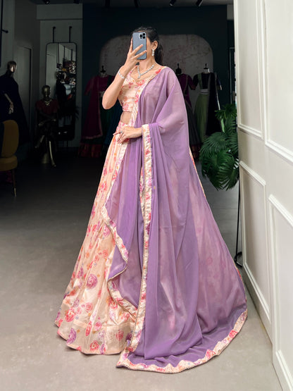Peach color tussar silk lehenga choli with dupatta online shopping