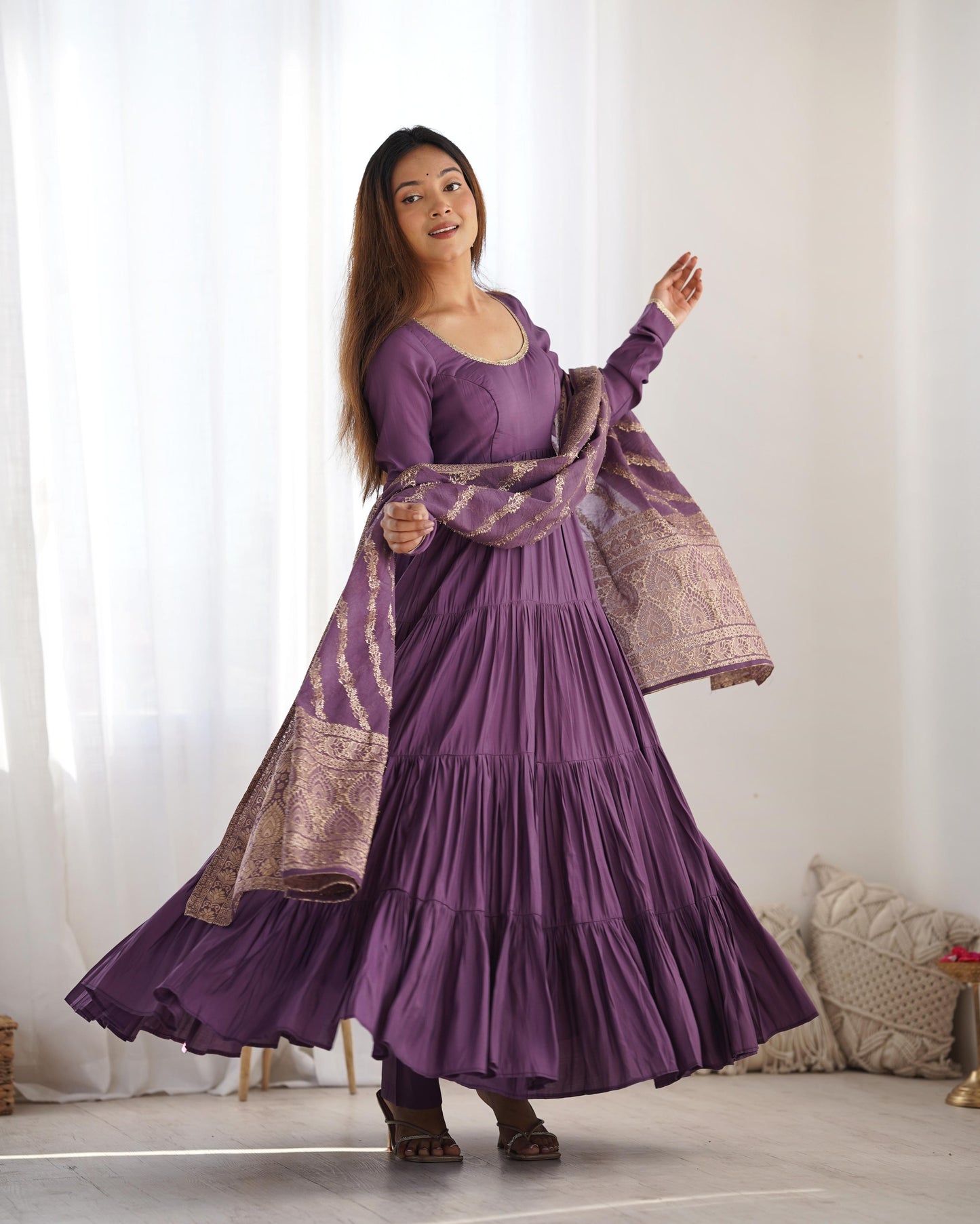 Mauve Purple color roman silk chanderi long gown images