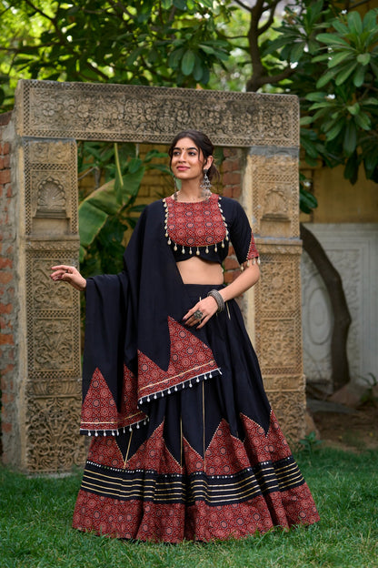 Black color cotton lehenga choli for navratri with dupatta
