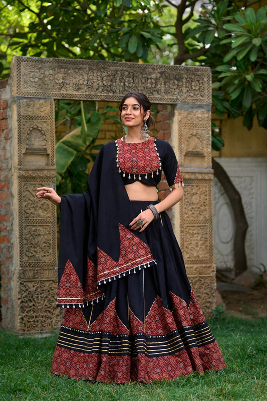 Black color cotton lehenga choli for navratri with dupatta
