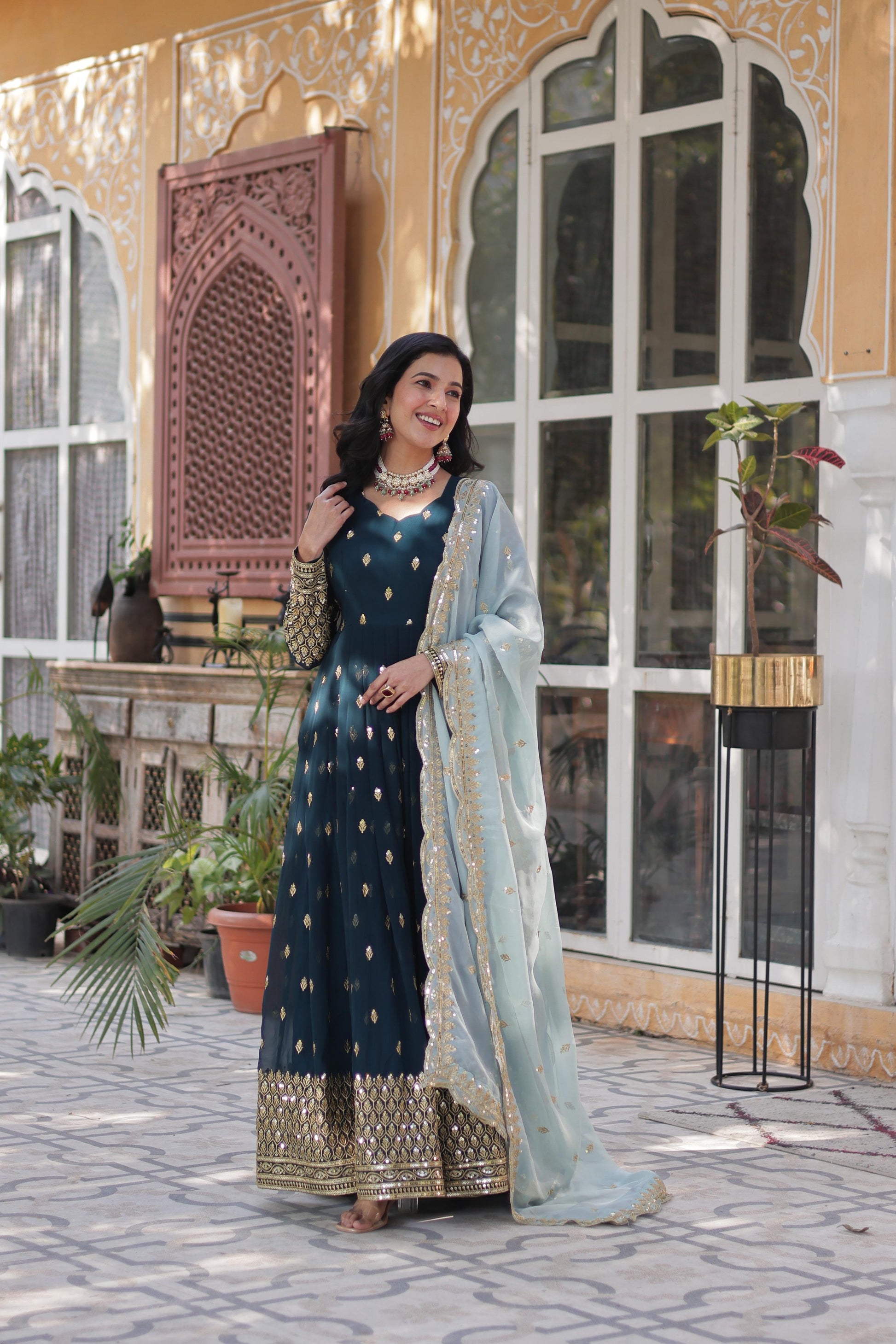 Teal green faux blooming gown for wedding

