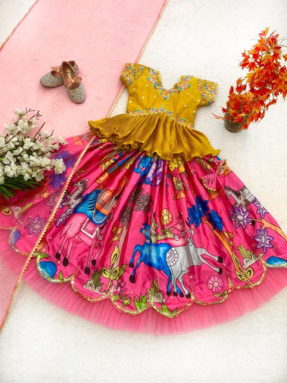 Pink color chinon silk lehenga choli with dupatta images