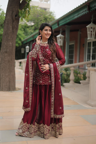 Maroon color rangoli silk sequins work  sharara suit online shopping