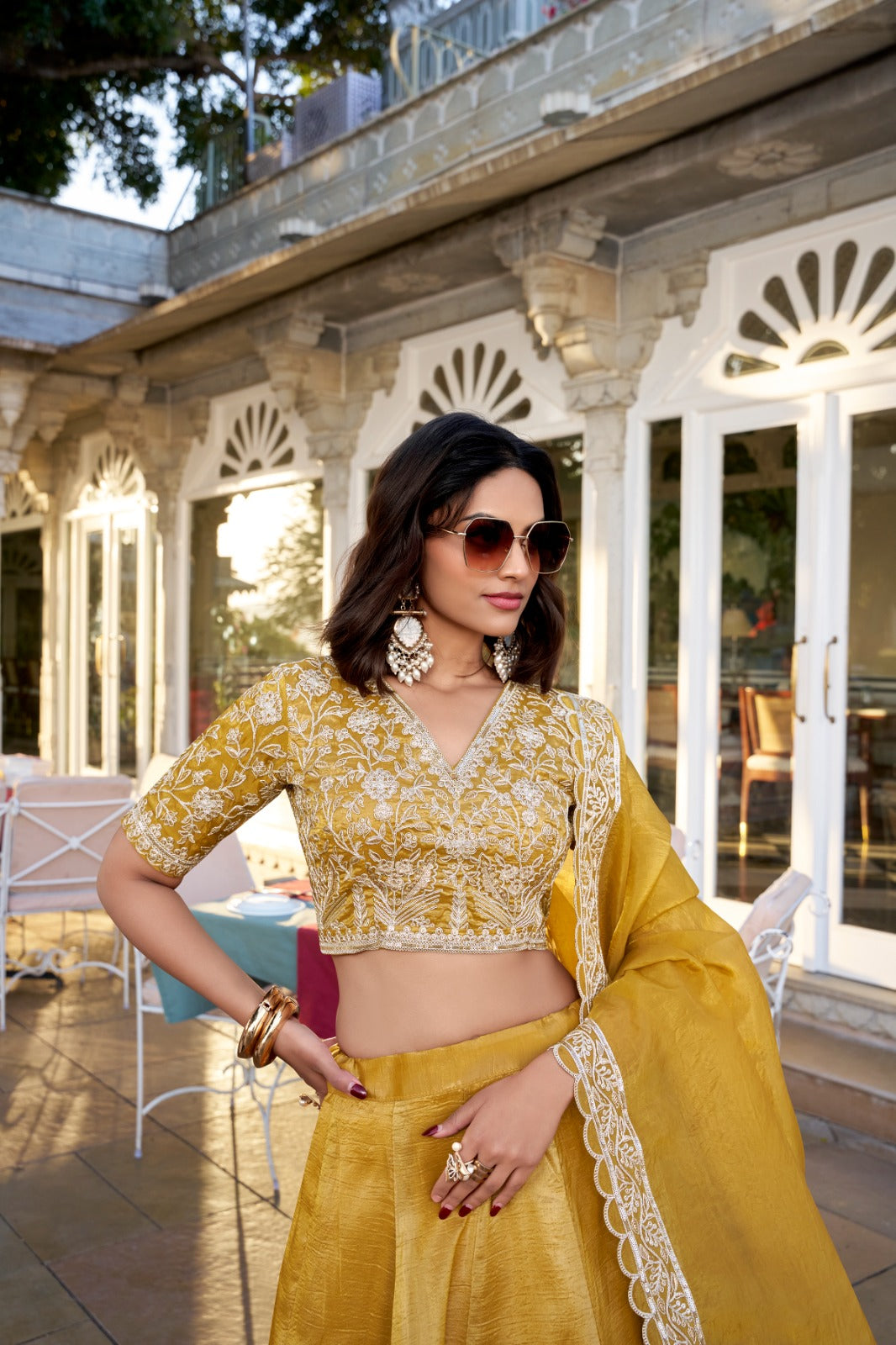 Mustard colour Goldie lehenga choli online shopping
