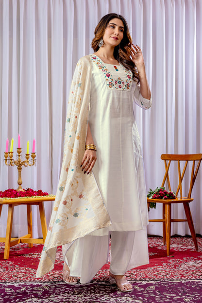 White color silk salwar kameez for women with dupatta
