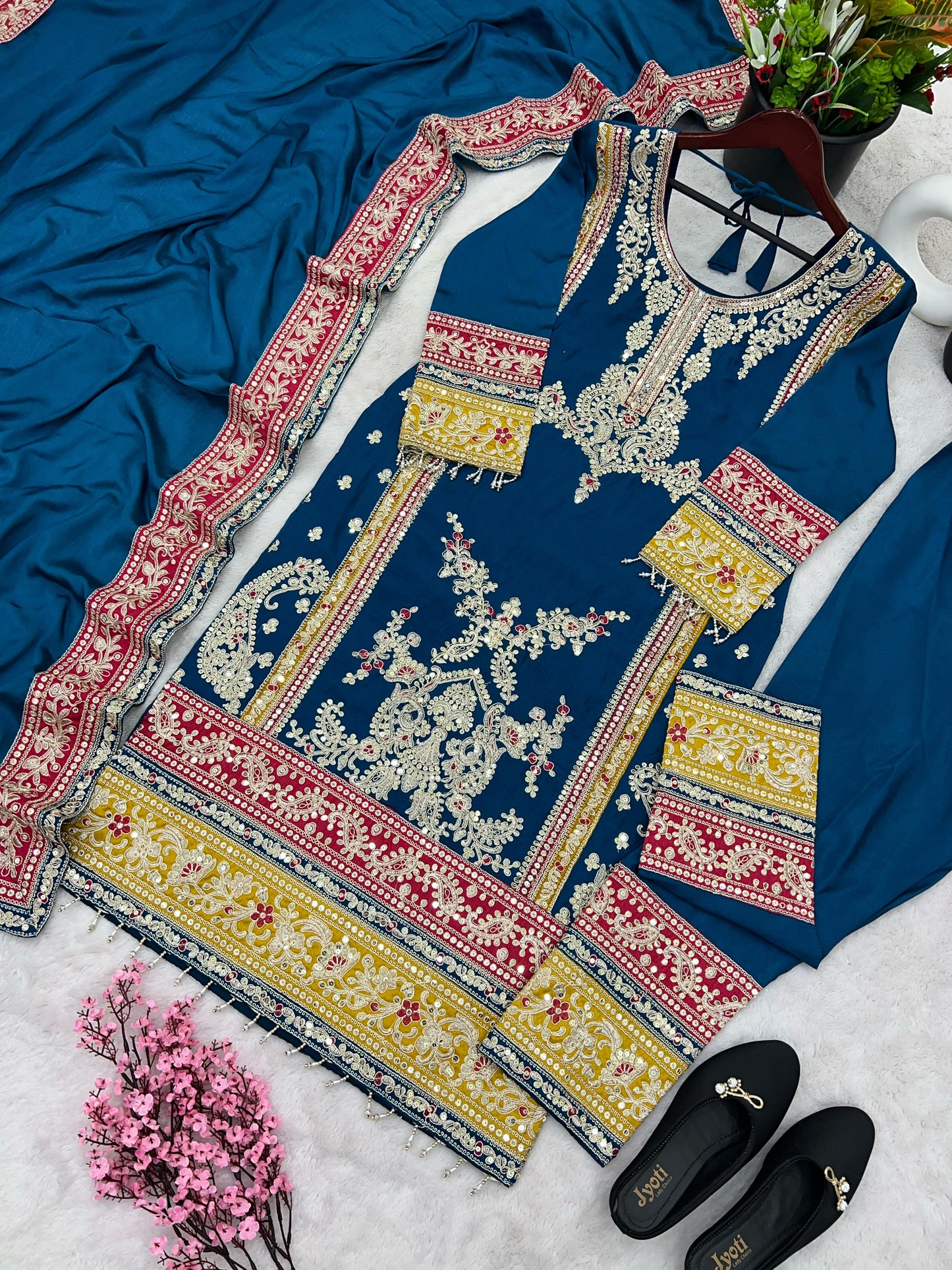 Teal blue color georgette chinon silk plazzo suit online shopping
