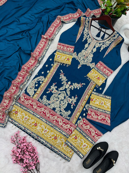 Teal blue color georgette chinon silk plazzo suit online shopping