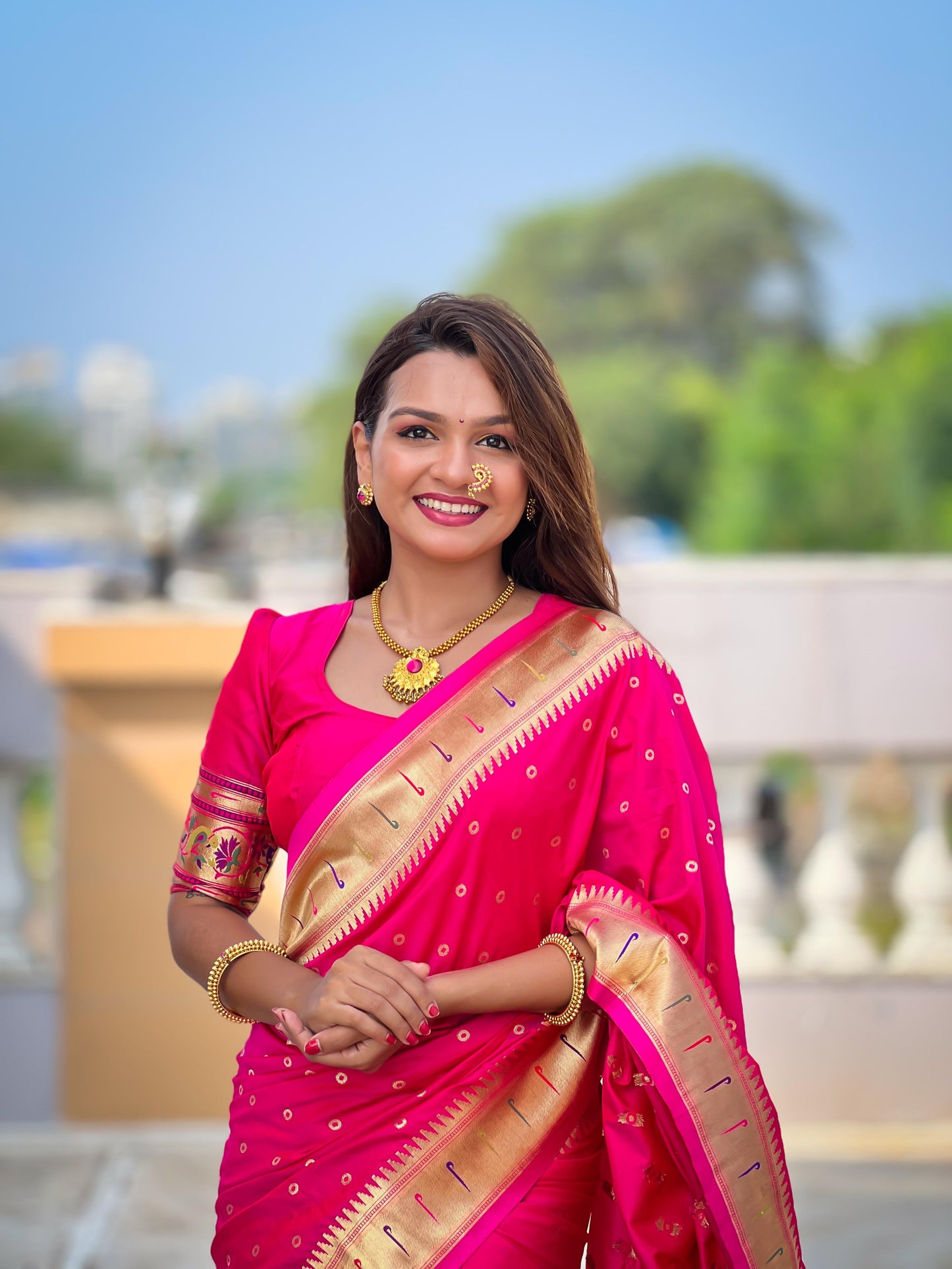 Pink color paithani silk zari weaving saree with blouse online