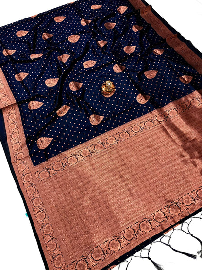 Navy Blue color banarasi silk saree with blouse online